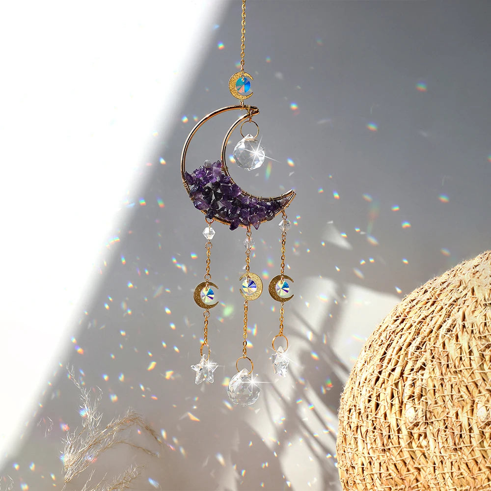 Attrape-Soleil Lune en Cristal – Suspension Arc-en-Ciel avec Éclats de Pierres et Prismes, 17 Modèles