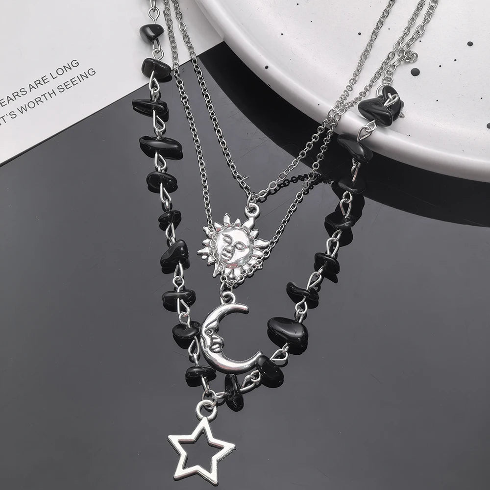 Lot de 3 Colliers Soleil, Lune et Étoile en Agate Noire Femme – Éclats de Pierre Naturelle, Colliers à Superposer, Bijou Céleste Argenté, Idée Cadeau