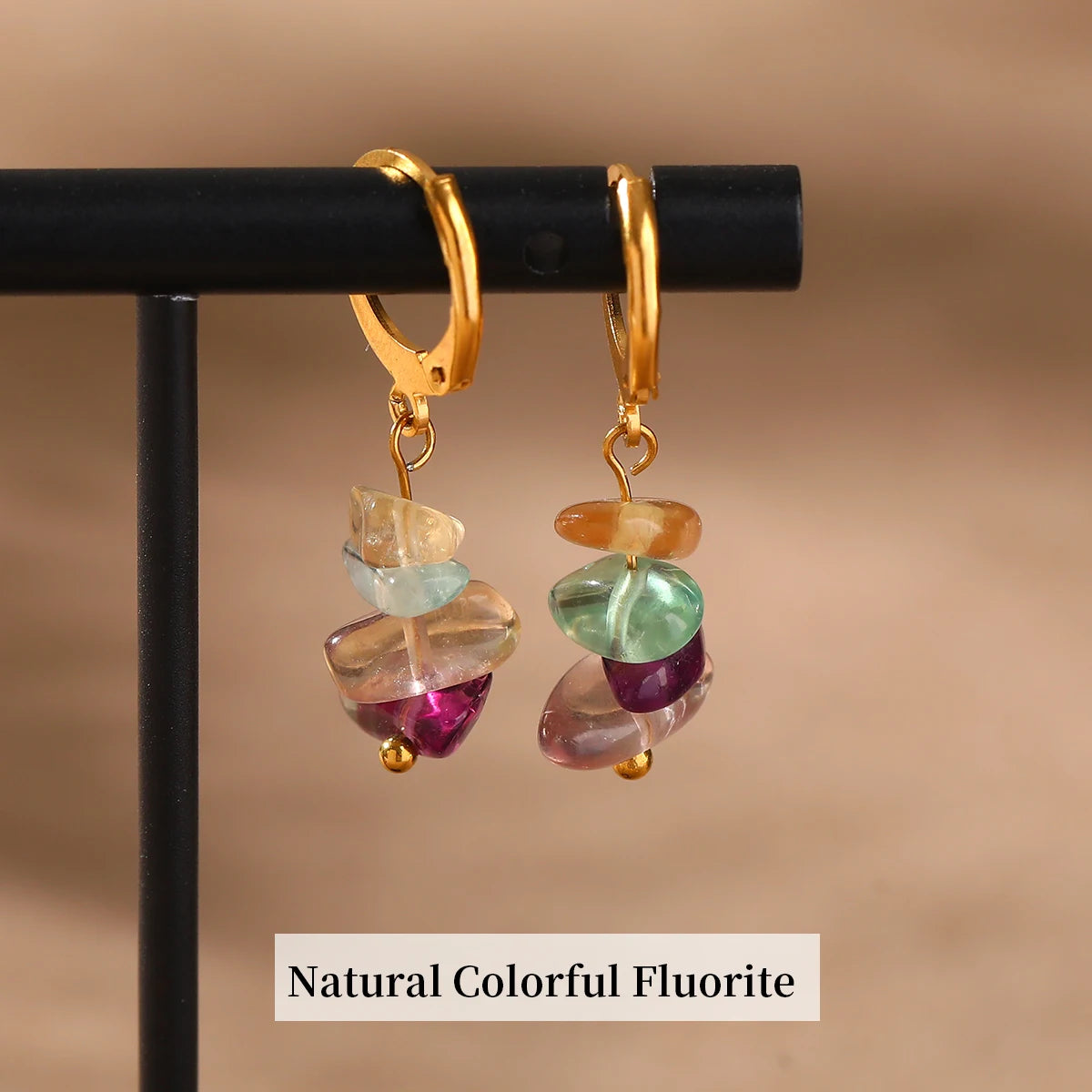 Créoles Dorées à Éclats de Pierres Naturelles – Améthyste, Quartz Rose, Lapis… Style Bohème