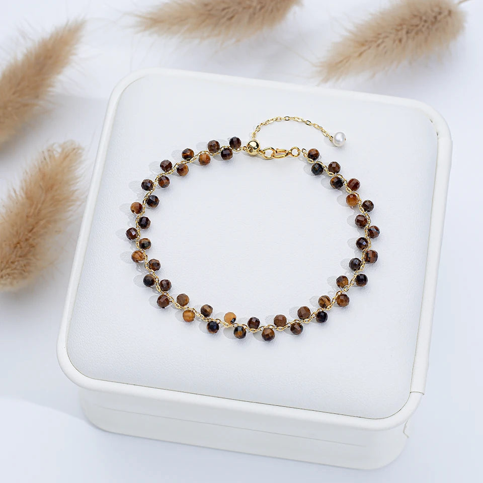 Bracelet Chaîne Dorée Perles Facettées 3 mm – Pierre Naturelle au Choix et Perle d'Eau Douce