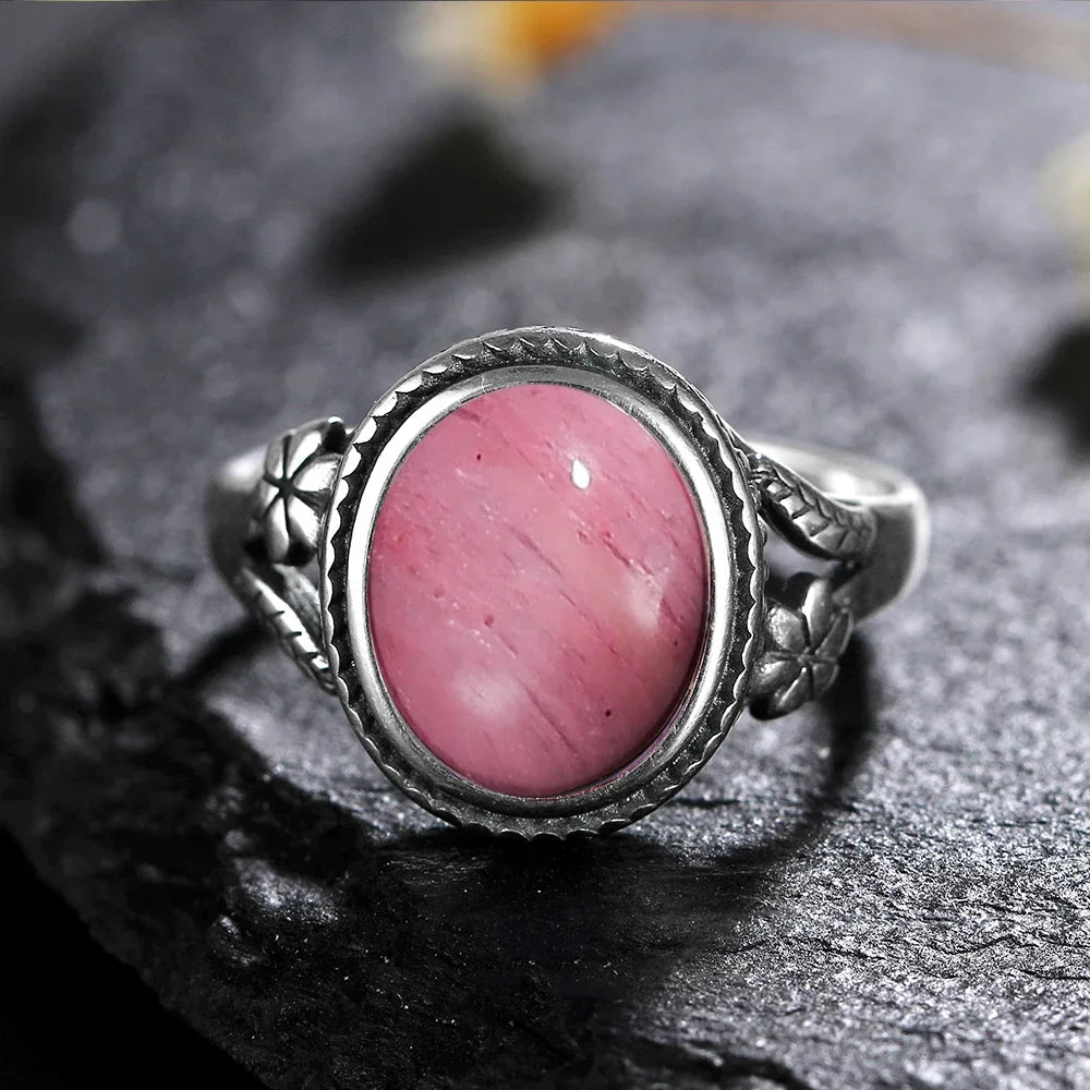 Bague Vintage Ovale en Pierre Naturelle – Monture Argentée Ciselée, Pierre de Lune, Labradorite, Charoïte…