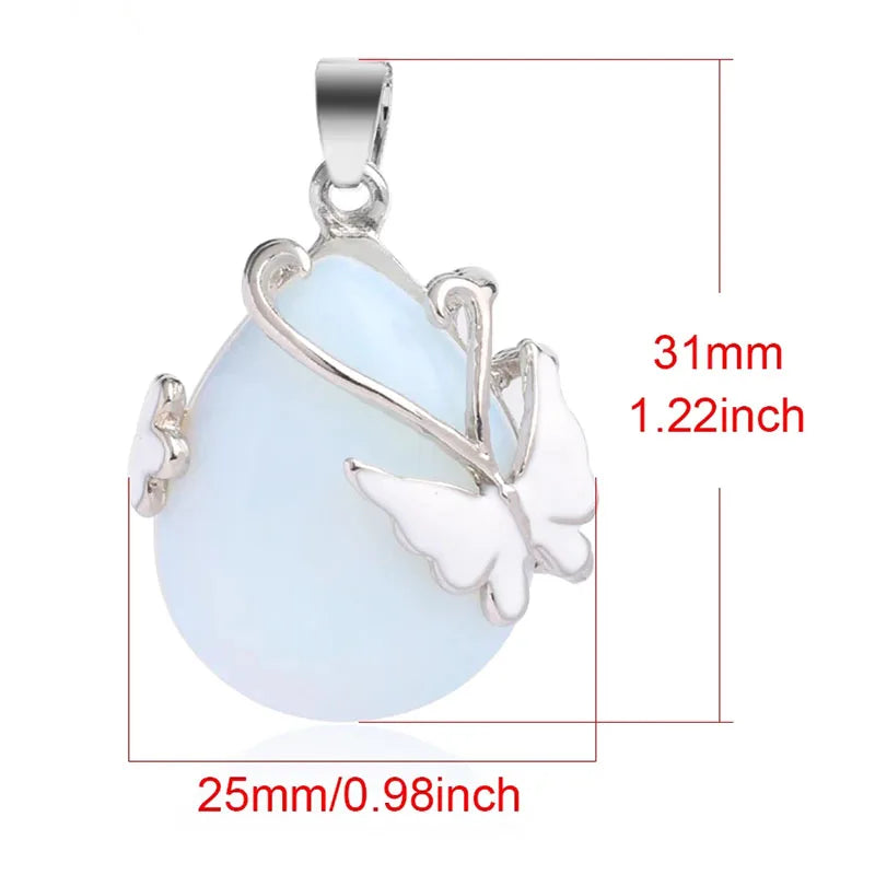 Collier Pendentif Goutte de Pierre et Papillon – Améthyste, Quartz Rose, Œil de Tigre ou Aventurine