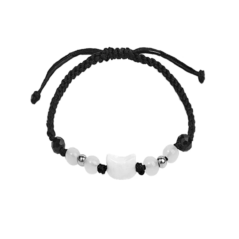 Bracelets Chat Pierre de Lune et Obsidienne – Cordon Tressé Réglable, à l'Unité ou en Duo