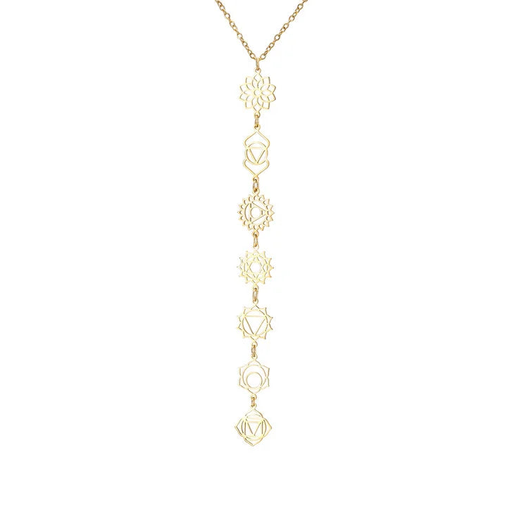 Collier 7 Chakras en Acier Inoxydable – Symboles des Chakras et Perles, Doré ou Argenté, 3 Modèles