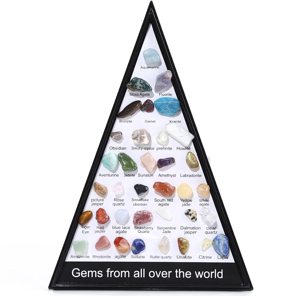 Cadre Pyramide de Collection – 36 Pierres et Minéraux du Monde Entier Étiquetés, 15 cm