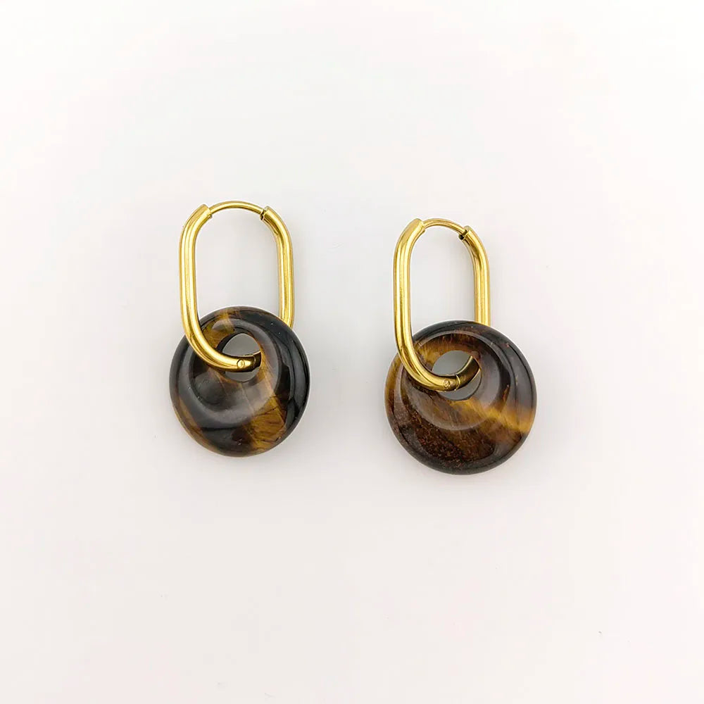 Créoles en Acier Doré avec Anneau de Pierre Naturelle – Œil de Tigre, Lapis, Labradorite… 6 Pierres