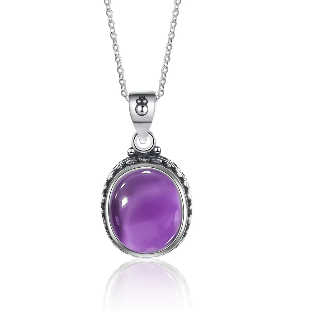 Pendentif Ovale Argent 925 – Lapis-Lazuli, Pierre de Lune, Améthyste ou Quartz Rose, Style Vintage