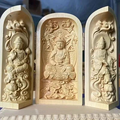 Triptyque Bouddhiste en Bois Sculpté – Autel Portable Pliant à 3 Volets, 11 Modèles