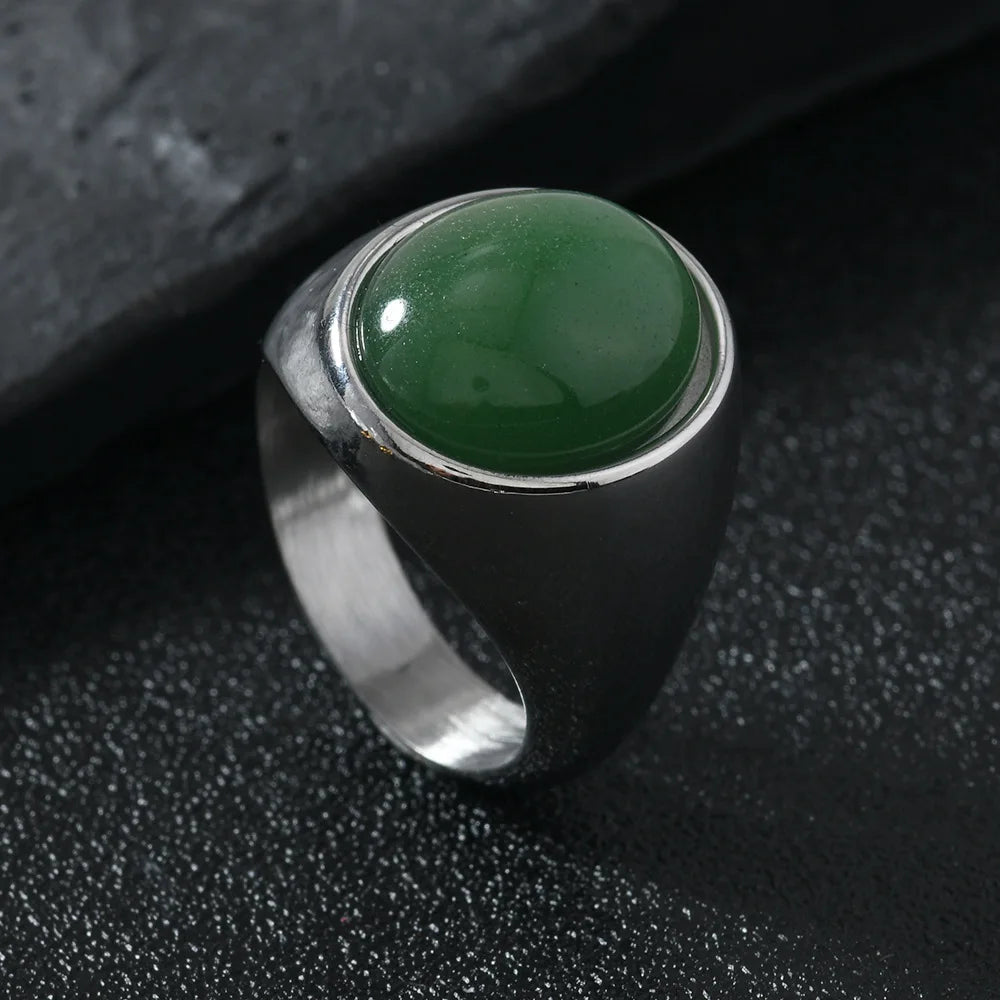 Chevalière Homme en Acier Inoxydable – Cabochon Onyx Noir, Œil de Tigre ou Aventurine, Argenté ou Doré