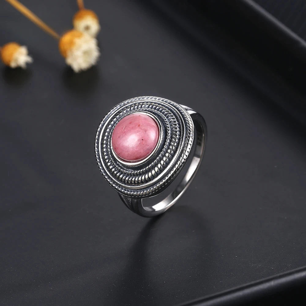 Bague Ronde Spirale en Pierre Naturelle 8 mm – Monture Argentée, Rhodochrosite, Charoïte, Labradorite…