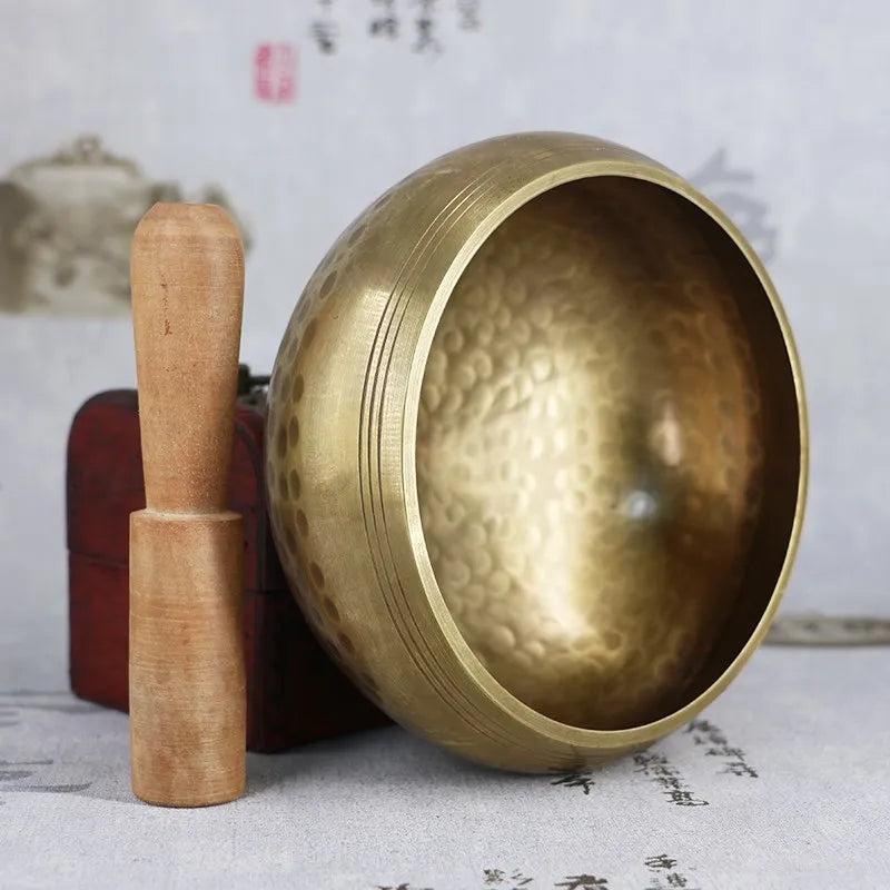 Bol Chantant Tibétain Fait Main au Népal – Laiton Gravé Sanskrit, 8 à 13 cm, avec Maillet