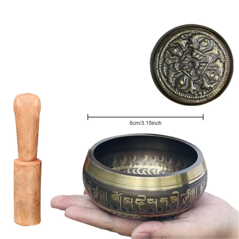 Bol Chantant Tibétain Gravé de Mantras – Fabriqué à la Main au Népal, de 8 à 20 cm, avec Maillet