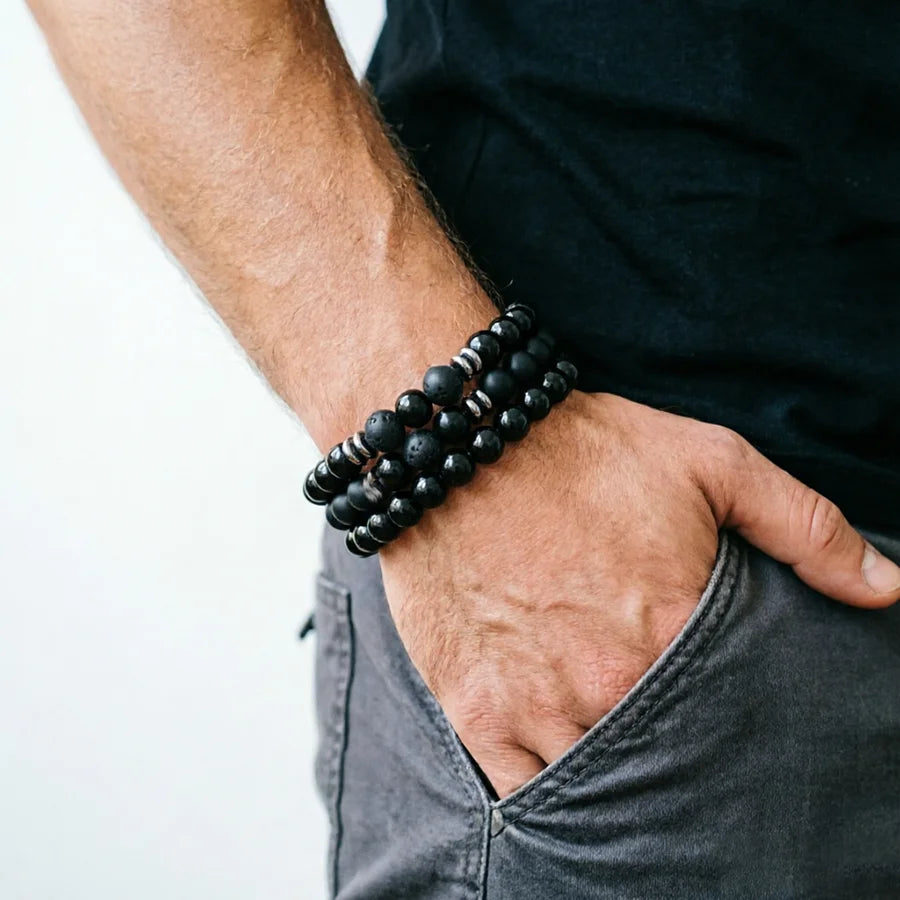 Lot de 3 Bracelets Homme en Pierres Naturelles – Œil de Tigre, Pierre de Lave et Onyx Mat
