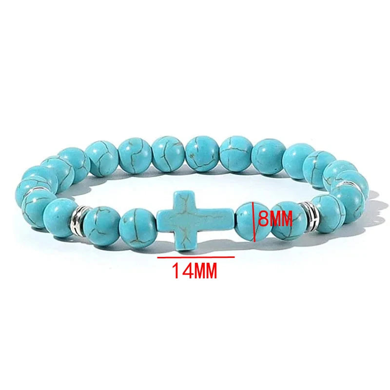 Bracelet Croix en Pierre Naturelle 8 mm – Œil de Tigre, Onyx, Howlite ou Pierre de Lave