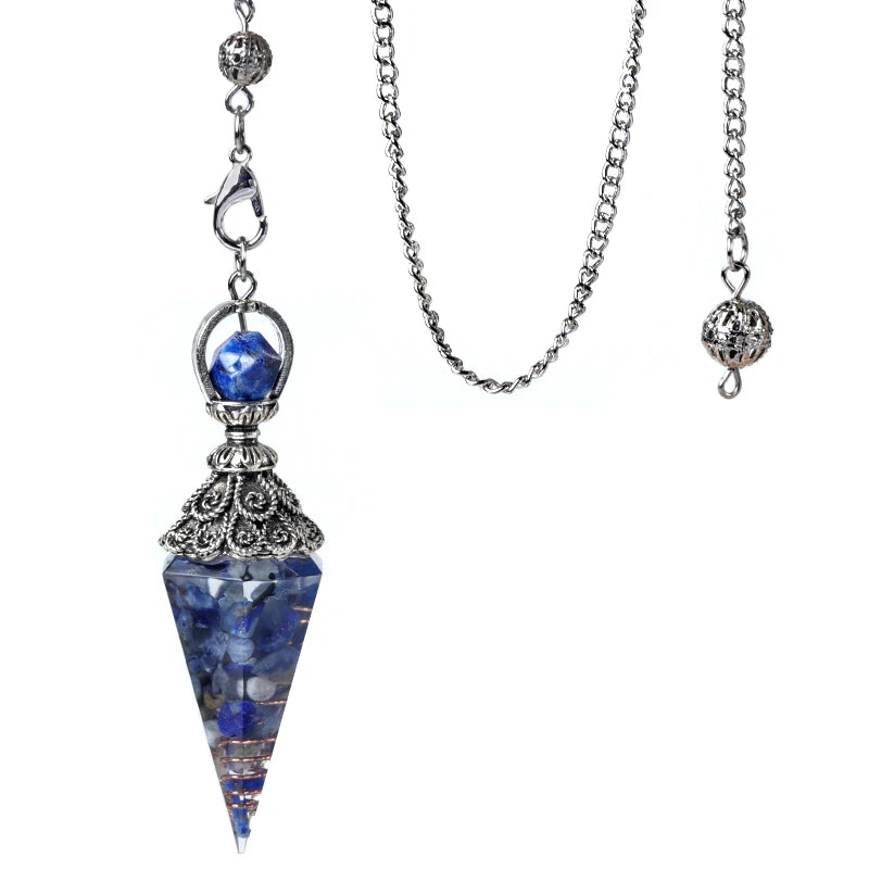 Pendule Cône en Orgonite aux Éclats de Pierres Naturelles – Monture Argent Vieilli, 10 Modèles