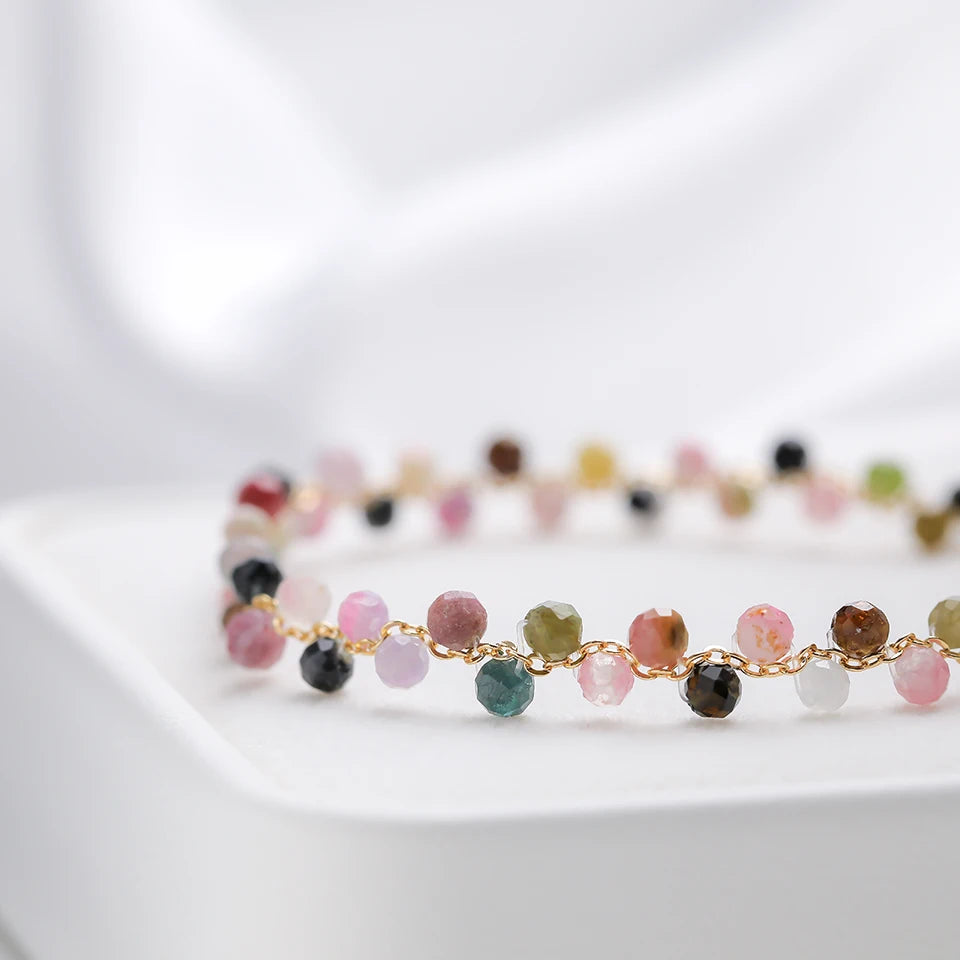 Bracelet Chaîne Dorée Perles Facettées 3 mm – Pierre Naturelle au Choix et Perle d'Eau Douce