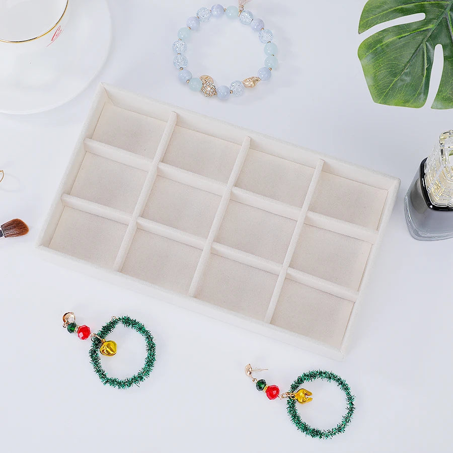 Plateau à Bijoux en Velours Beige – Organisateur Empilable pour Tiroir, Bagues, Bracelets et Boucles d'Oreilles, 9 Modèles de Compartiments