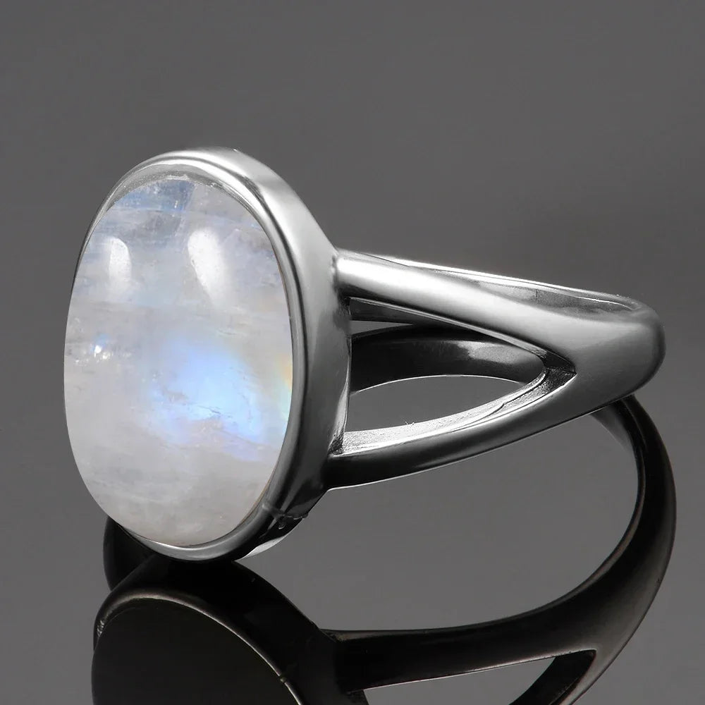 Bague Pierre de Lune Ovale en Argent – Anneau Double Ouvert, Reflets Bleutés, Tailles 52 à 62