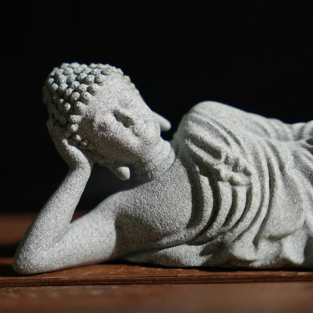 Statue Bouddha Couché en Pierre Reconstituée – Décoration Zen Intérieur, Bonsaï ou Jardin