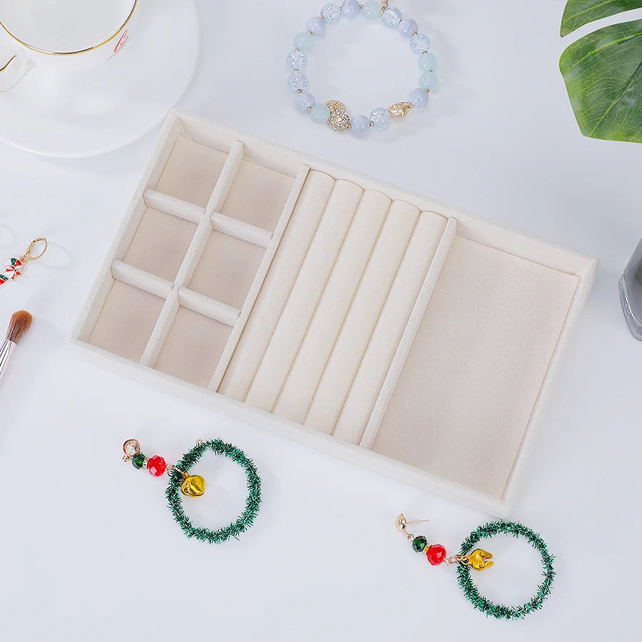 Plateau à Bijoux en Velours Beige – Organisateur Empilable pour Tiroir, Bagues, Bracelets et Boucles d'Oreilles, 9 Modèles de Compartiments