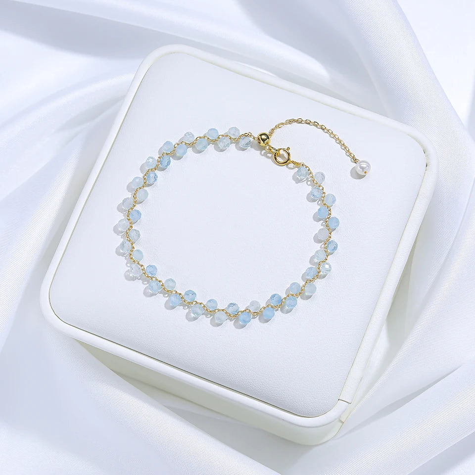 Bracelet Chaîne Dorée Perles Facettées 3 mm – Pierre Naturelle au Choix et Perle d'Eau Douce
