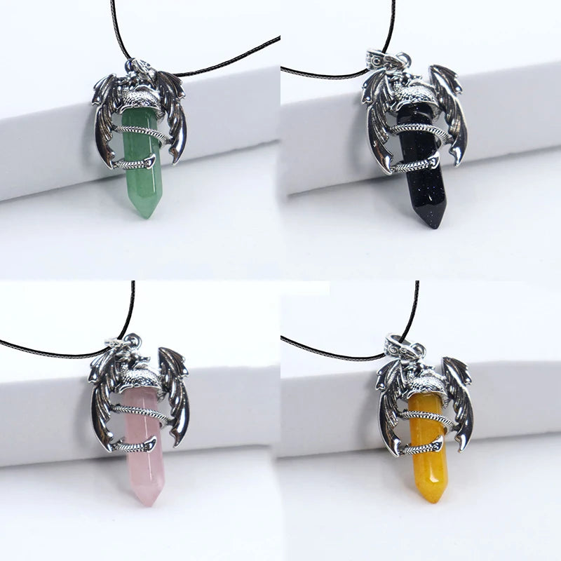 Collier Dragon et Pointe de Pierre Naturelle – Pendentif Vintage sur Cordon, 16 Pierres