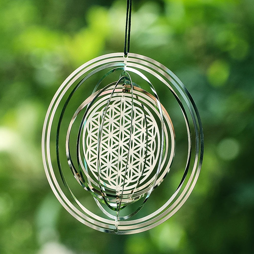 Mobile Fleur de Vie 3D en Acier – Spirale Rotative Miroir 10 cm, Déco de Fenêtre et Jardin