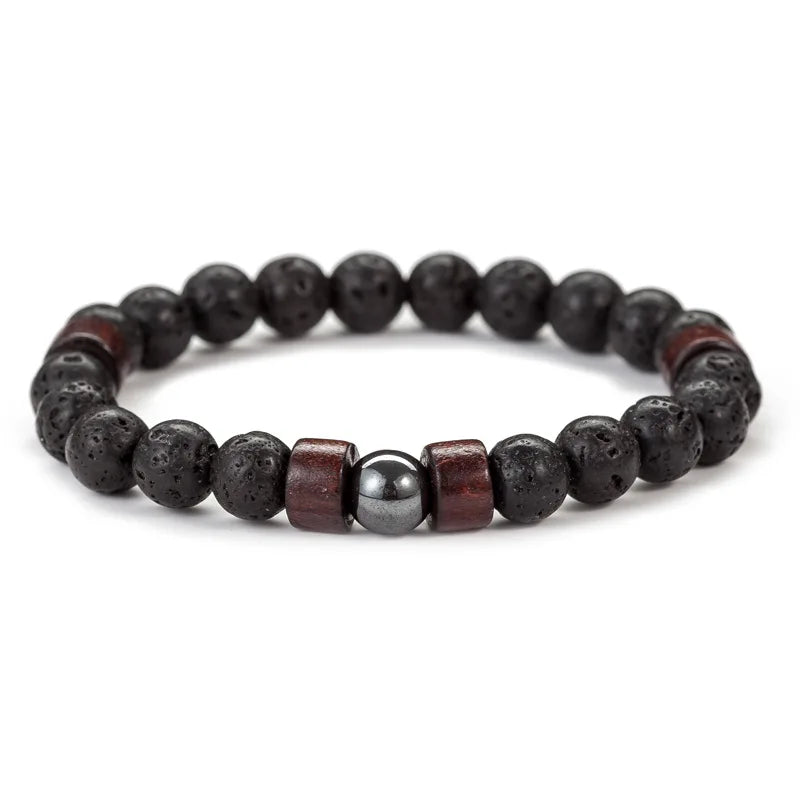 Bracelet Homme Pierre de Lave et Perles de Bois 8 mm – 3 Modèles, Style Tibétain