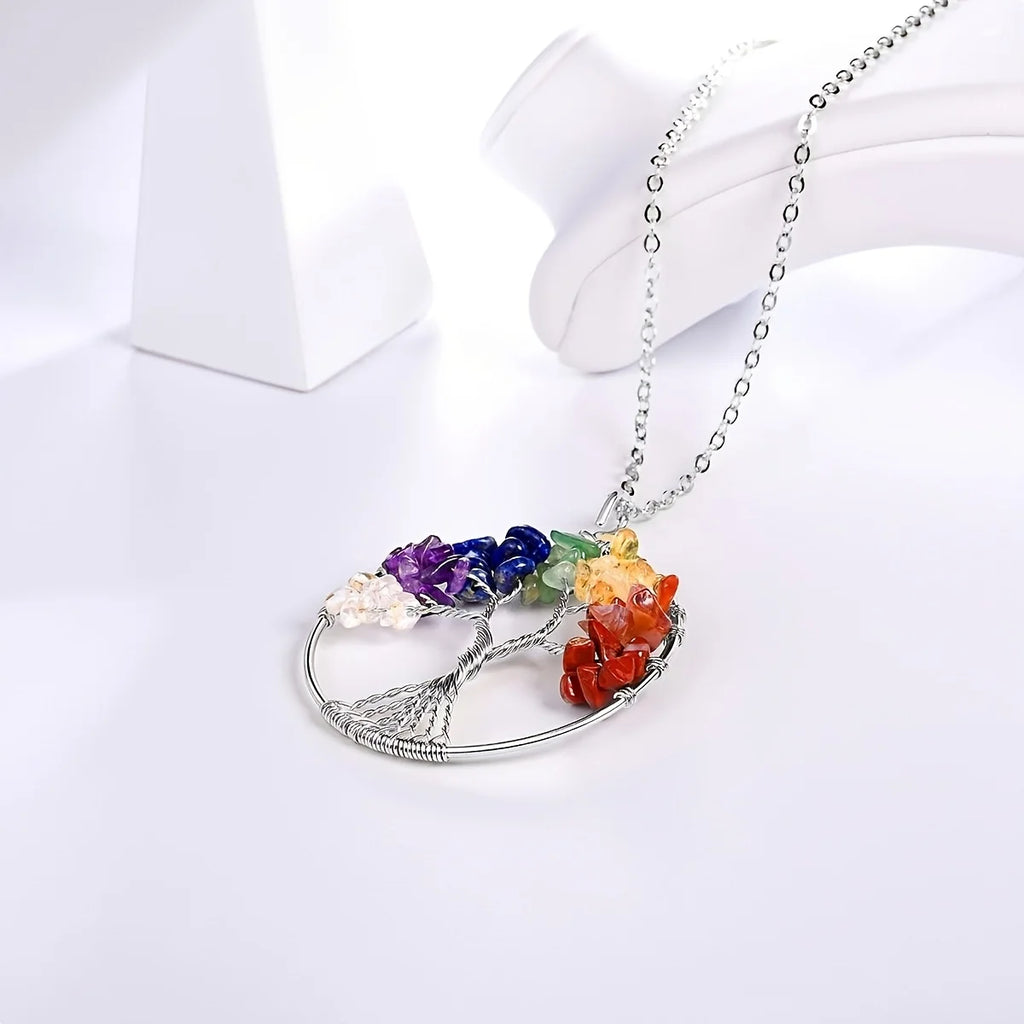 Collier Arbre de Vie 7 Chakras – Pendentif en Pierres Naturelles Serties au Fil, avec Chaîne