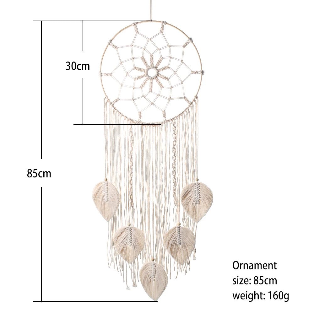 Grand Attrape-Rêves en Macramé à Feuilles – Tenture Murale Bohème Faite Main, 85 cm