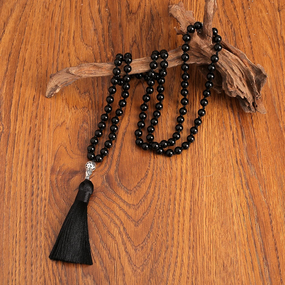 Mala 108 Perles Onyx Noir 8 mm – Collier de Méditation à Pompon, Pendentif Arbre de Vie