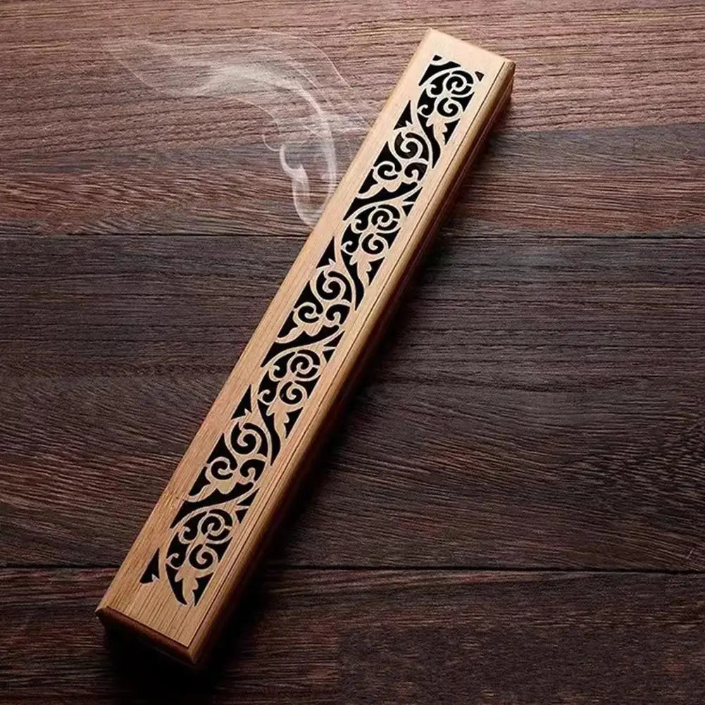 Boîte à Encens en Bambou Ajouré 23,5 cm – Brûleur d'Encens Couché avec Couvercle Sculpté, Récupère les Cendres, Décoration Zen, Idée Cadeau