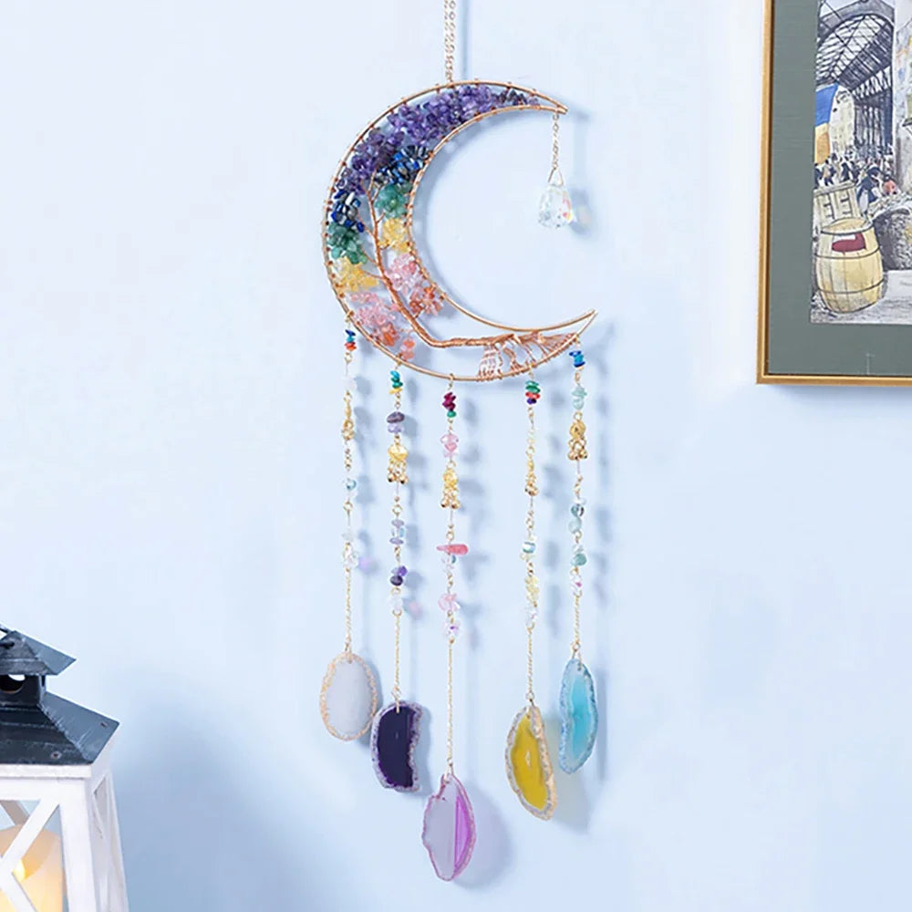 Attrape-Rêves en Pierres Naturelles et Tranches d'Agate – Lune ou Arbre de Vie, 29 Modèles, Décoration Murale