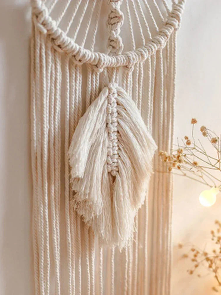 Attrape-Rêves en Macramé Feuille – Tenture Murale Bohème Écrue, 95 cm