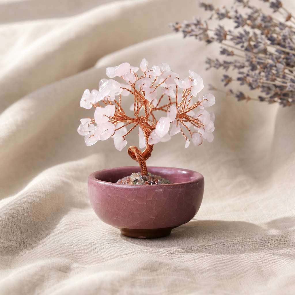 Arbre de vie en quartz rose sur coupelle en céramique