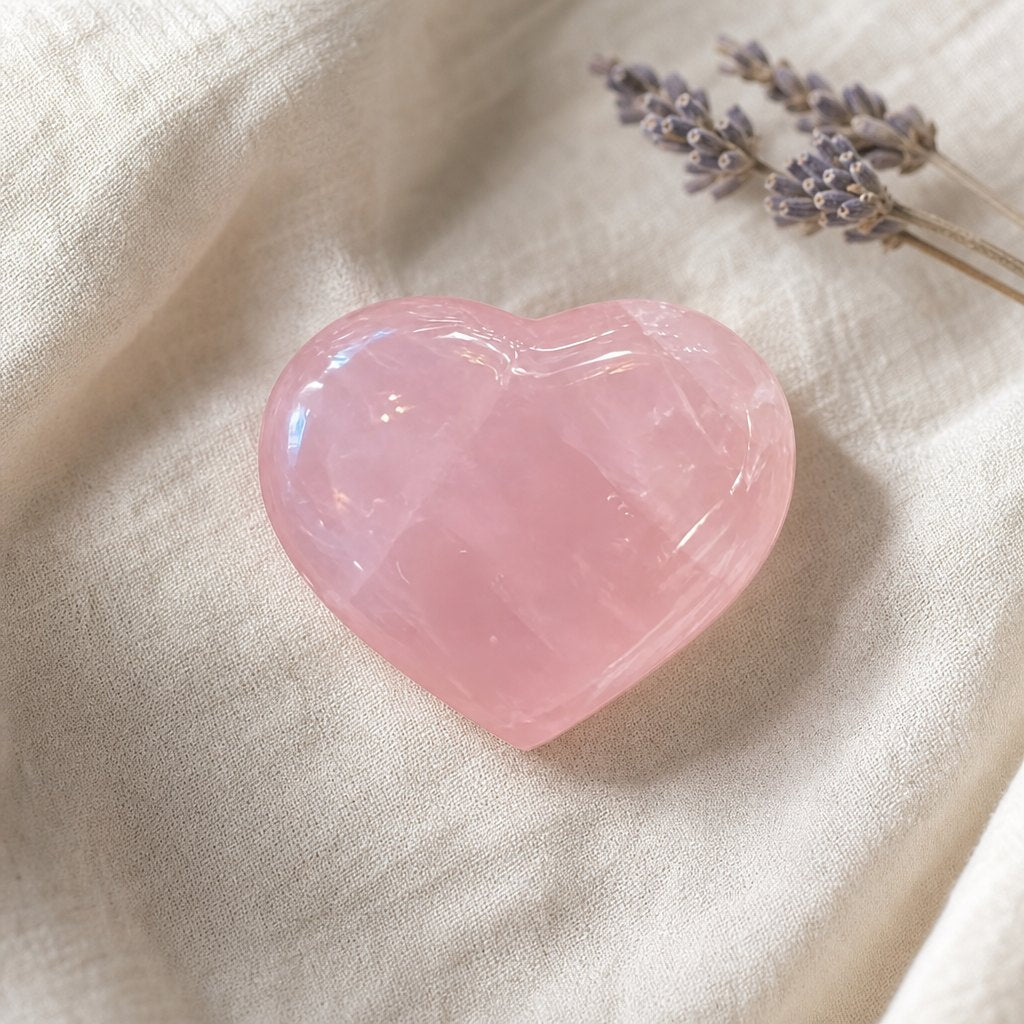 Cœur en quartz rose poli sur un lin crème