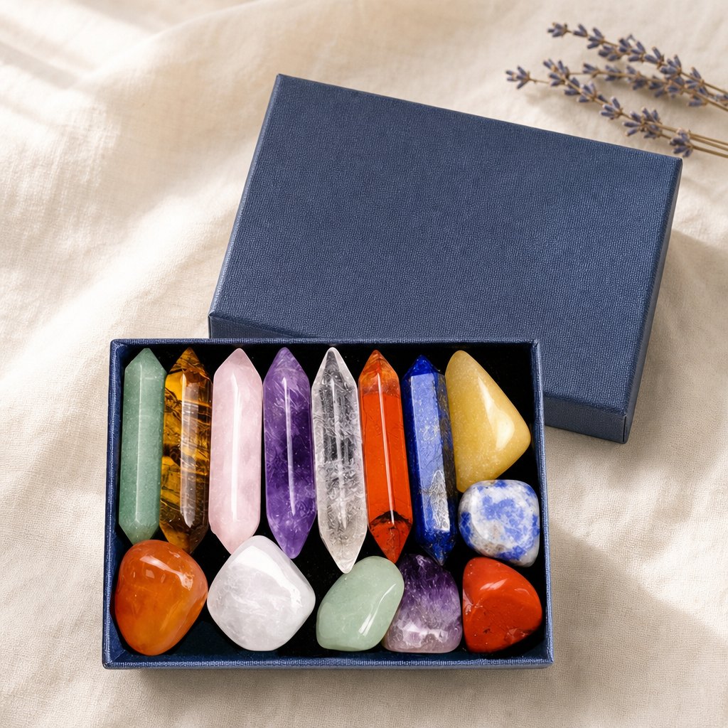 Coffret de 14 pierres 7 chakras ouvert