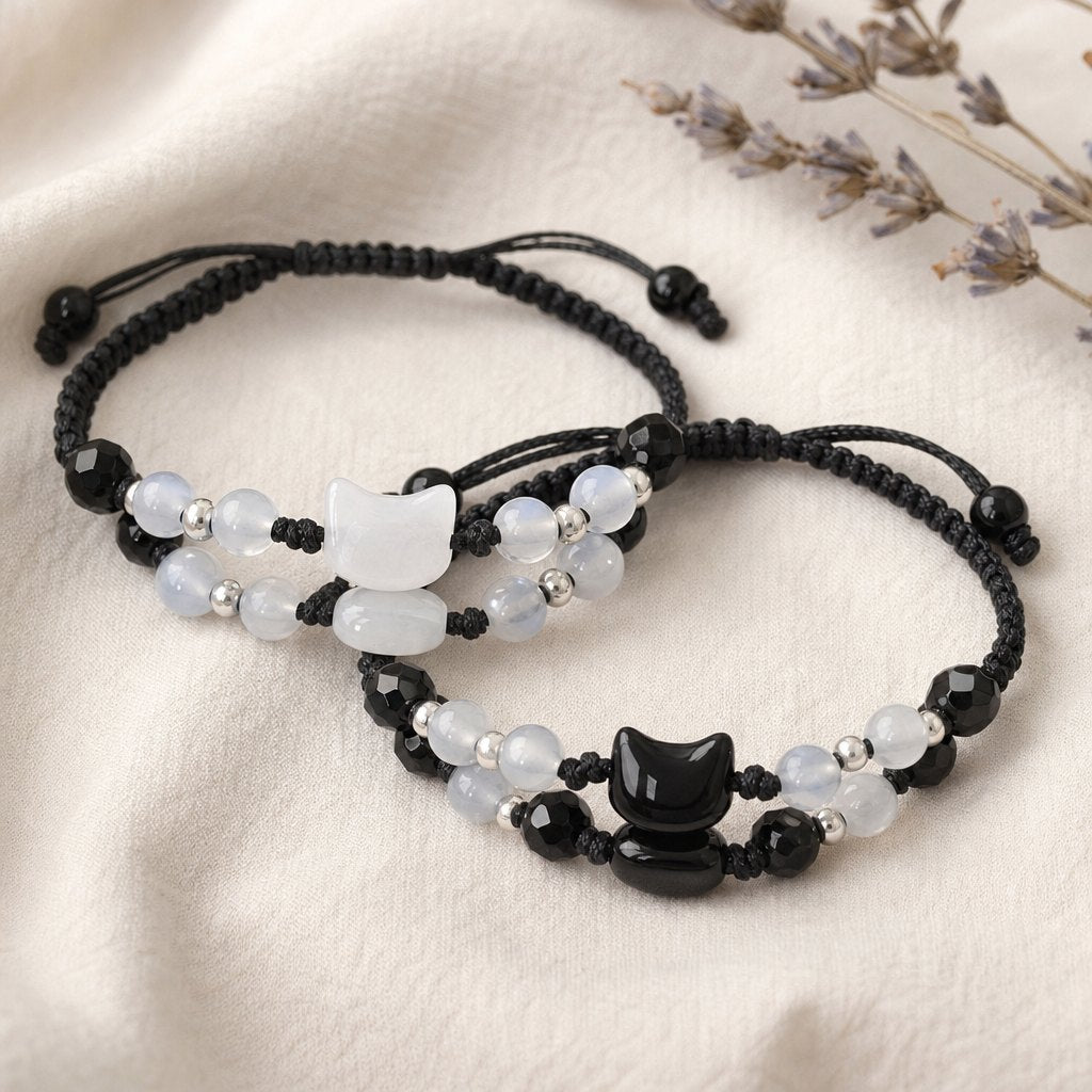 Duo de bracelets chat pierre de lune et obsidienne