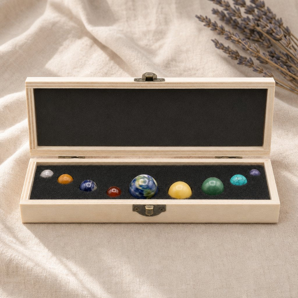 Coffret en bois système solaire avec 9 sphères en pierre