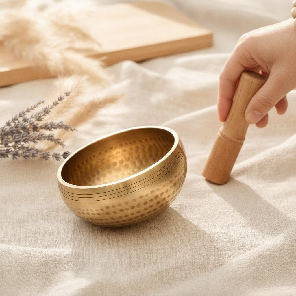 Surface martelée à la main du bol chantant tibétain et son maillet