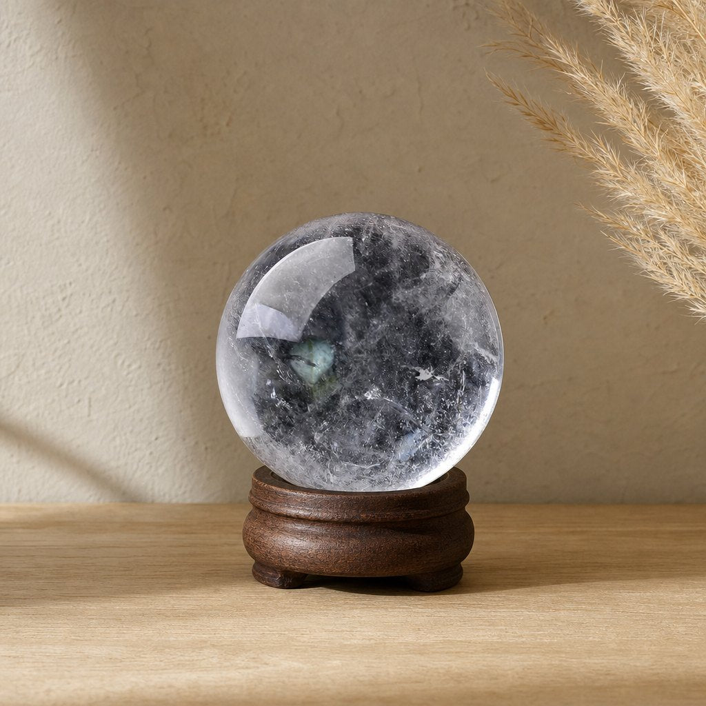 Boule de cristal de roche sur socle en bois