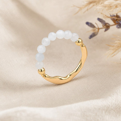 Bague Jonc Doré Ondulé Perles de Pierre Naturelle 3 mm Femme