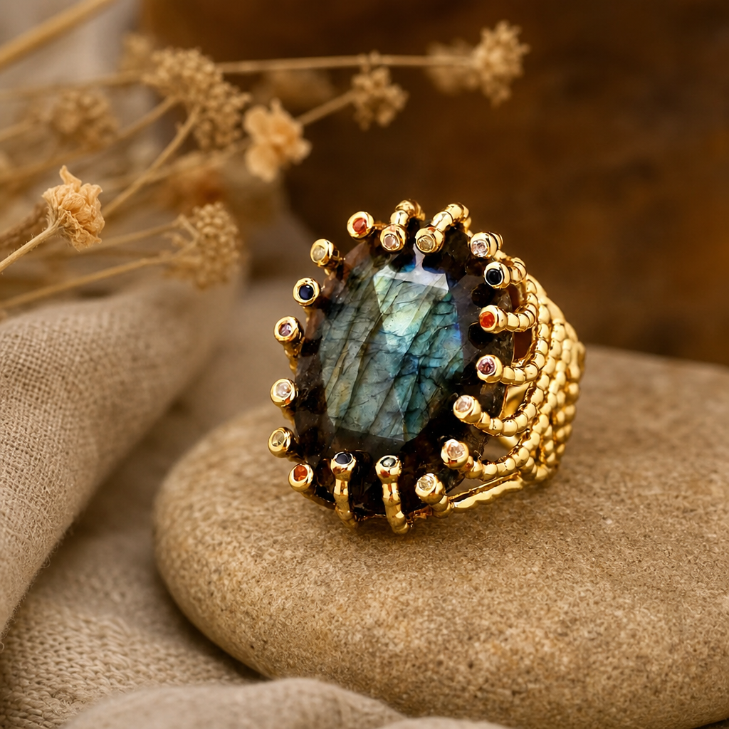 Bague labradorite plaquée or posée sur une pierre