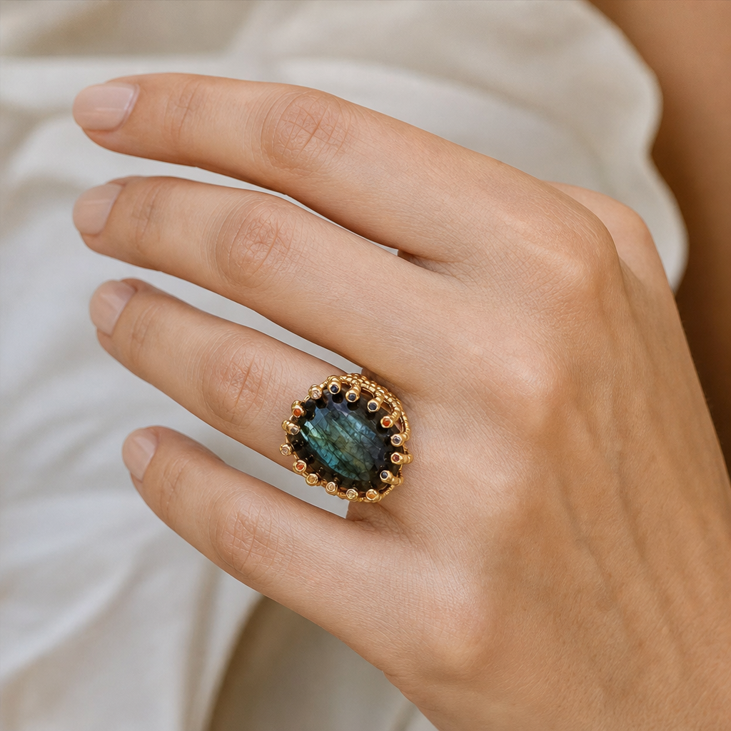 Bague labradorite plaquée or portée à la main