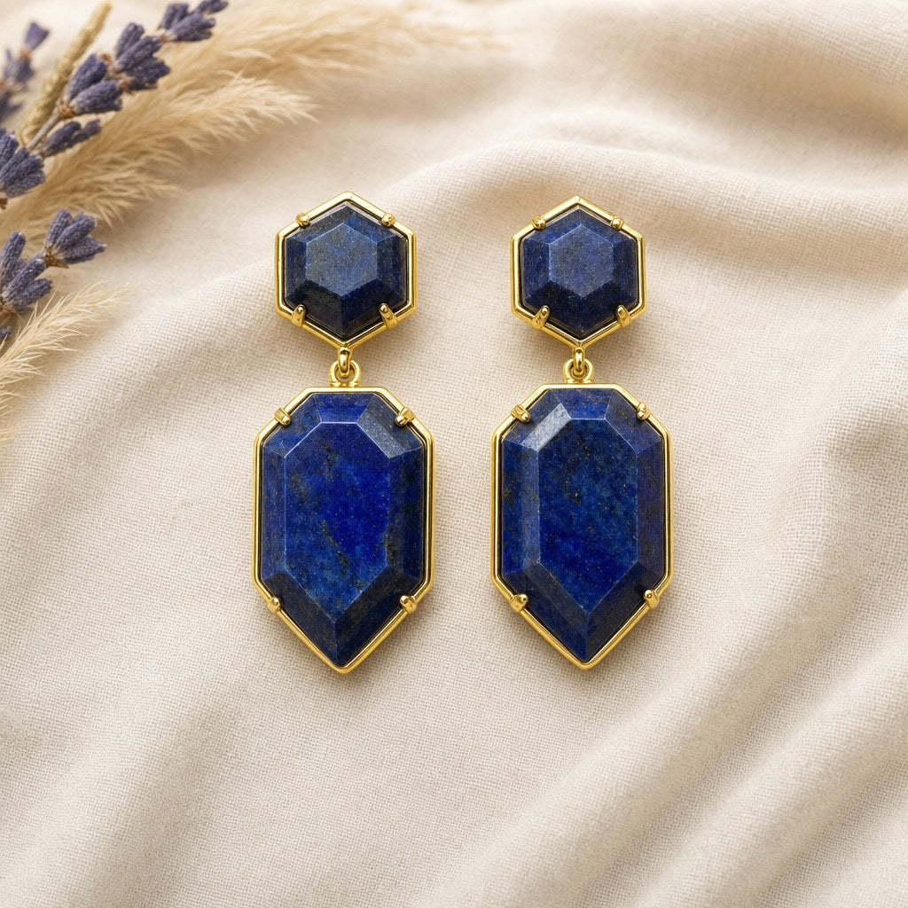 Boucles d'Oreilles Hexagonales en Pierre Naturelle Facettée 45 mm Femme