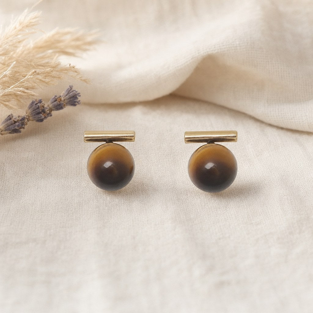 Boucles d'Oreilles Œil de Tigre Dorées Femme