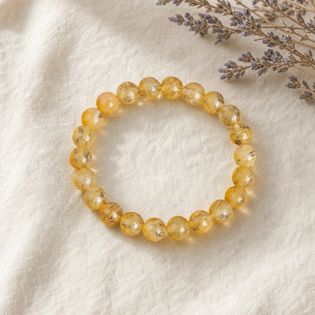 Bracelet citrine posé sur un lin crème