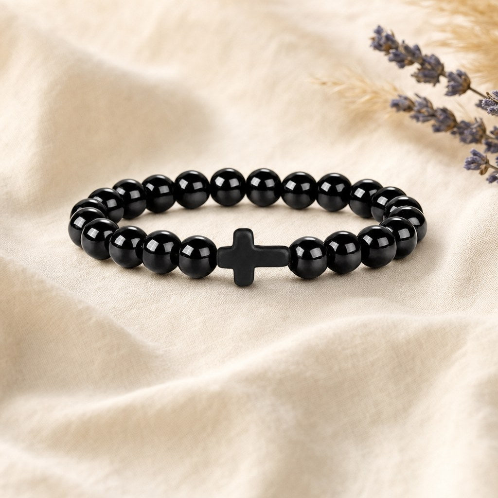 Bracelet Croix en Pierre Naturelle 8 mm Homme et Femme
