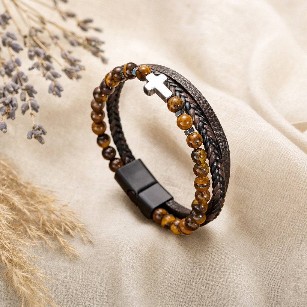 Bracelet Homme Cuir Multi-Rangs avec Perles de Pierre et Croix