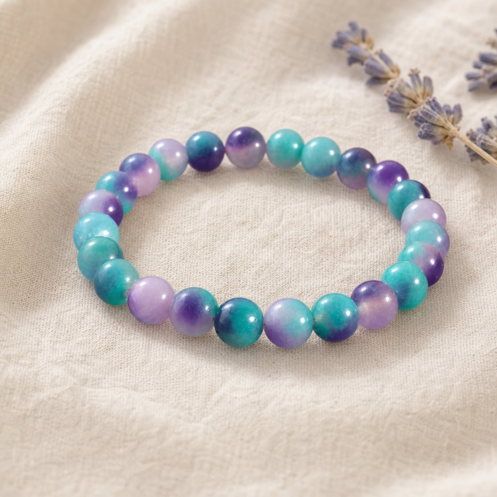 Bracelet en fluorite arc-en-ciel posé sur un lin crème